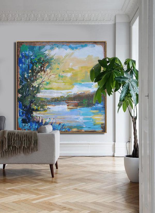 Large Contemporary Art Acrylic Painting,Abstract Landscape Oil Painting,Original Art,Yellow,White,Dark Green,Blue.etc